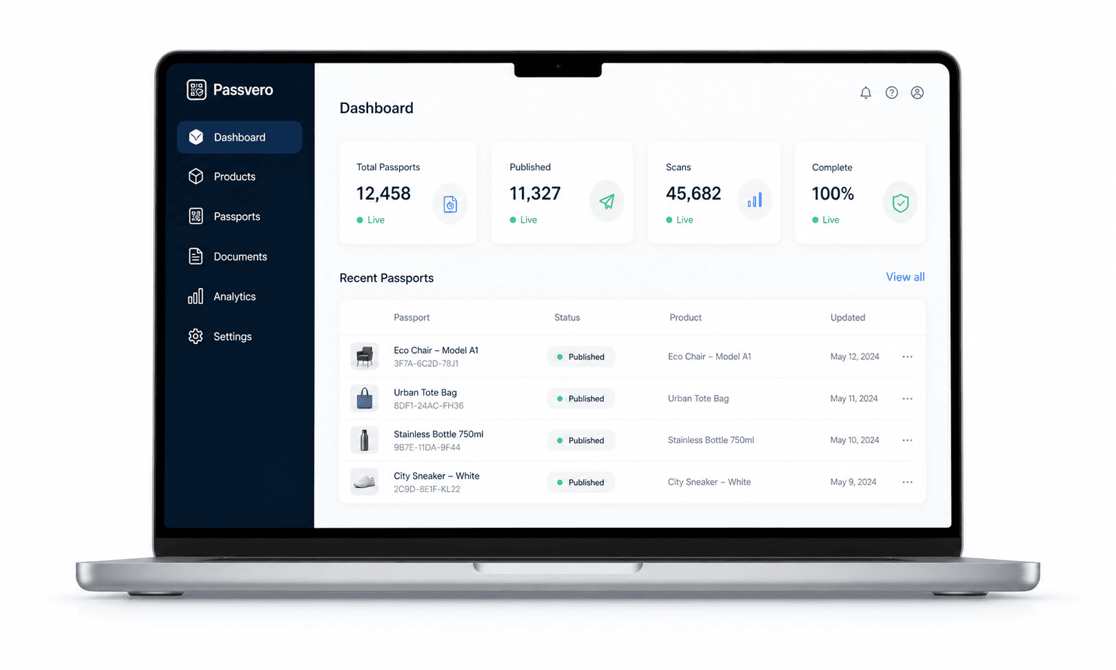 Passvero-Dashboard zur Verwaltung digitaler Produktpässe